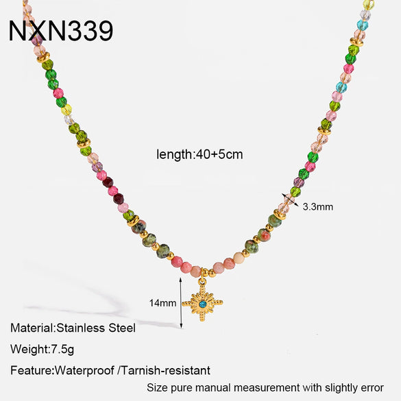Wholesale Women's Retro Natural Stone Glass Bead Handmade Beaded Chain Necklace With Geometric Starshaped 18K Goldplated Stainless Steel Pendant