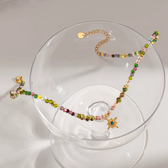 Wholesale Women's Retro Natural Stone Glass Bead Handmade Beaded Chain Necklace With Geometric Starshaped 18K Goldplated Stainless Steel Pendant