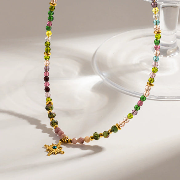 Wholesale Women's Retro Natural Stone Glass Bead Handmade Beaded Chain Necklace With Geometric Starshaped 18K Goldplated Stainless Steel Pendant