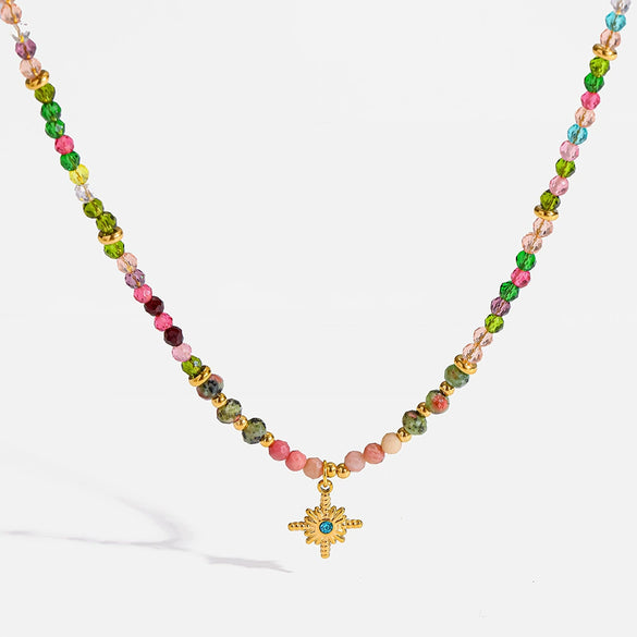 Wholesale Women's Retro Natural Stone Glass Bead Handmade Beaded Chain Necklace With Geometric Starshaped 18K Goldplated Stainless Steel Pendant