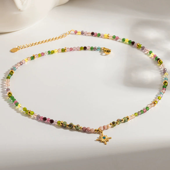 Wholesale Women's Retro Natural Stone Glass Bead Handmade Beaded Chain Necklace With Geometric Starshaped 18K Goldplated Stainless Steel Pendant