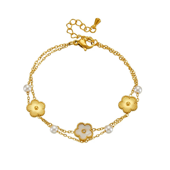 Wholesale Women's Retro Niche Multilayer Stacked Square Flower Stainless Steel Goldplated Bracelet With Electroplating Design