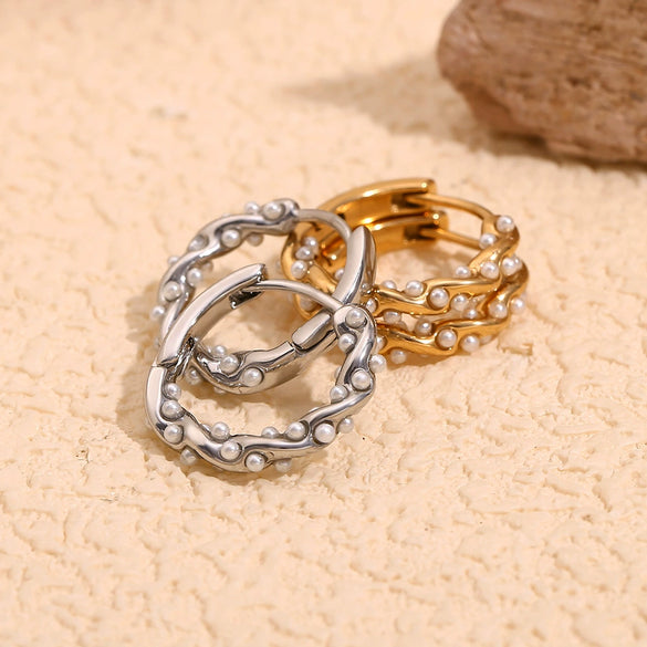 Wholesale Women's Retro Niche Personality Stainless Steel 18K Gold Plated Geometric Irregular Twist Pearl Earrings