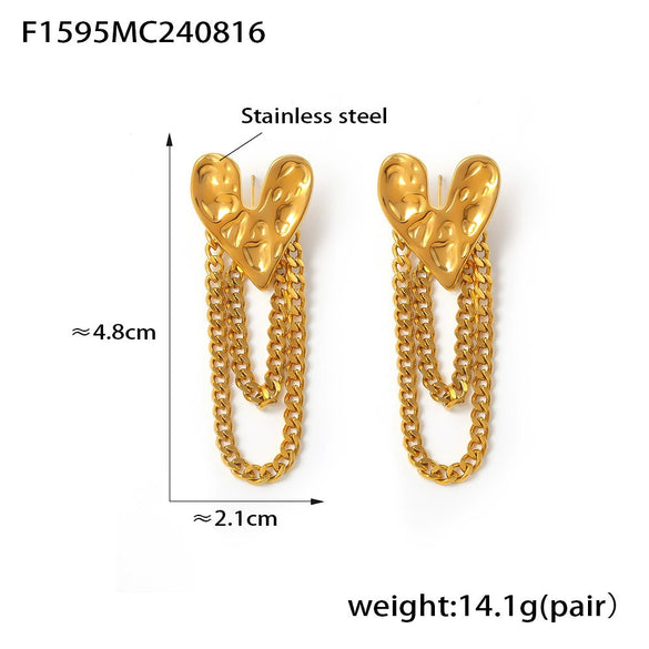 Wholesale Women's Retro Niche 316L Stainless Steel Heartshaped Hammered Tassel Chain Earrings With Geometric Pattern And Electroplating