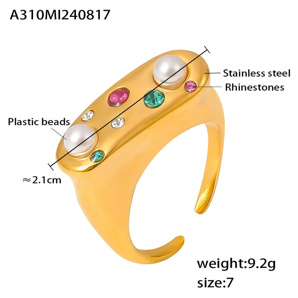 Wholesale Women's Retro Open Colored Diamond Imitation Pearl Ring In Geometric Style Stainless Steel With 18K Gold Plated Electroplating