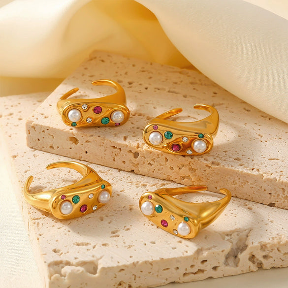 Wholesale Women's Retro Open Colored Diamond Imitation Pearl Ring In Geometric Style Stainless Steel With 18K Gold Plated Electroplating