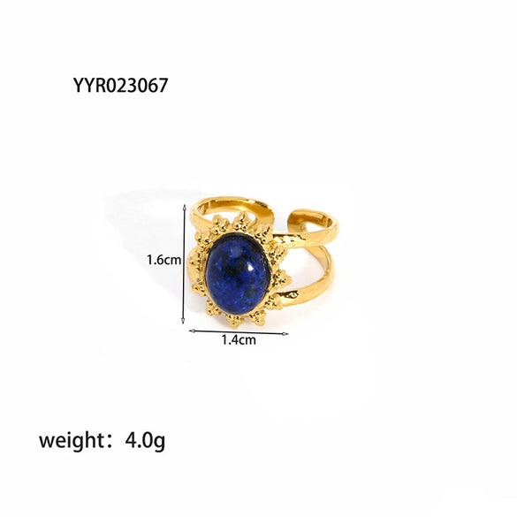 Wholesale Women's Retro Open Ring Jewelry In Titanium Steel With Natural Stone And Geometric Design Vacuum Real Gold Electroplated In Pvd Furnace