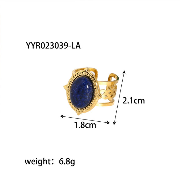 Wholesale Women's Retro Open Ring Jewelry In Titanium Steel With Natural Stone And Geometric Design Vacuum Real Gold Electroplated In Pvd Furnace