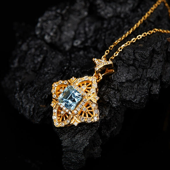 Wholesale Women's Retro Palace Hollow S925 Sterling Silver Inlaid Natural Topaz Pendant Necklace With Cross Chain And Gem Setting
