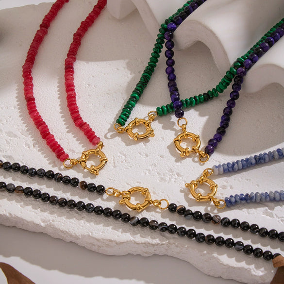 Wholesale Women's Retro Palace Style Geometric 18K Real Gold Plated Natural Stone Beaded Handmade Necklace