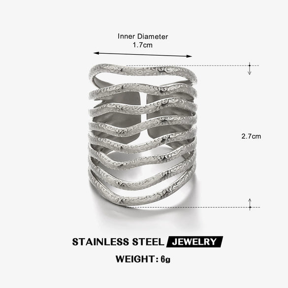 Wholesale Women's Retro Popular Multilayer Line Open Geometric Stainless Steel 18K Goldplated Hammer Ring