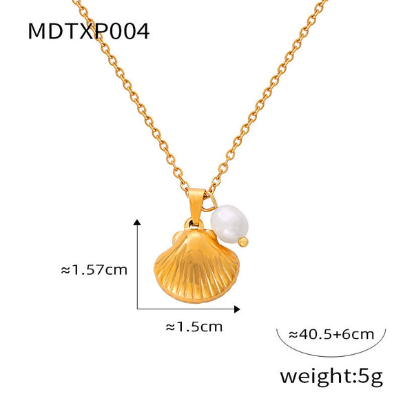 Wholesale Women's Retro Shell Pendant Earrings And High Grade Freshwater Pearl Necklace Set In Titanium Steel With Electroplating Treatment