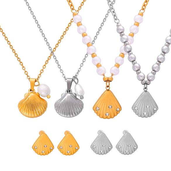 Wholesale Women's Retro Shell Pendant Earrings And High Grade Freshwater Pearl Necklace Set In Titanium Steel With Electroplating Treatment
