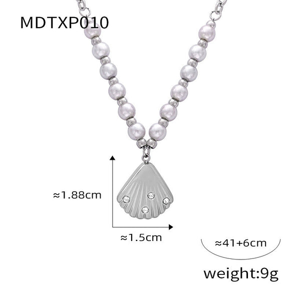 Wholesale Women's Retro Shell Pendant Earrings And High Grade Freshwater Pearl Necklace Set In Titanium Steel With Electroplating Treatment