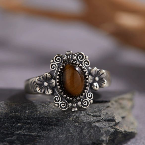 Wholesale Women's Retro Silver 925 Sterling Silver Ring Inlaid With Natural Tiger Eye Lapis Lazuli Rhombus Pattern