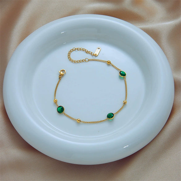 Wholesale Women's Retro Simple Allmatch Bracelet Titanium Steel Gold Beads Round Emerald Diamond Electroplated