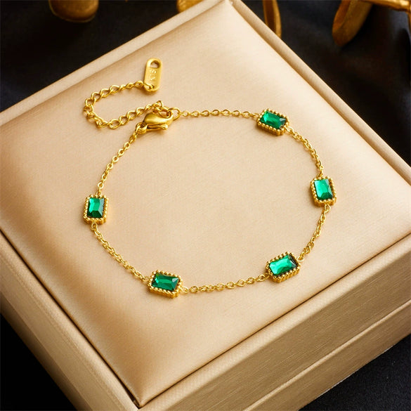 Wholesale Women's Retro Simple Elegant Versatile Titanium Steel Square Gemstone Chain Bracelet With Electroplating