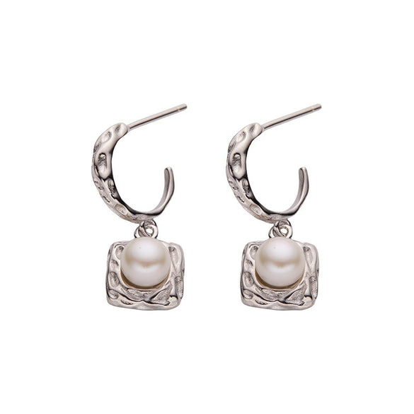 Wholesale Women's Retro Simple Geometric S925 Sterling Silver Inlaid Natural Pearl Earrings