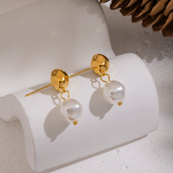 Wholesale Women's Retro Simple Pearl Geometric Earrings With Light Luxury And Minimalist Style Stainless Steel Ear Needles Pvd Furnace Vacuum Real Gold Plated