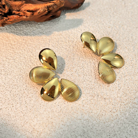 Wholesale Women's Retro Stainless Steel Geometric Striped Linear Flower Earrings With Electroplating