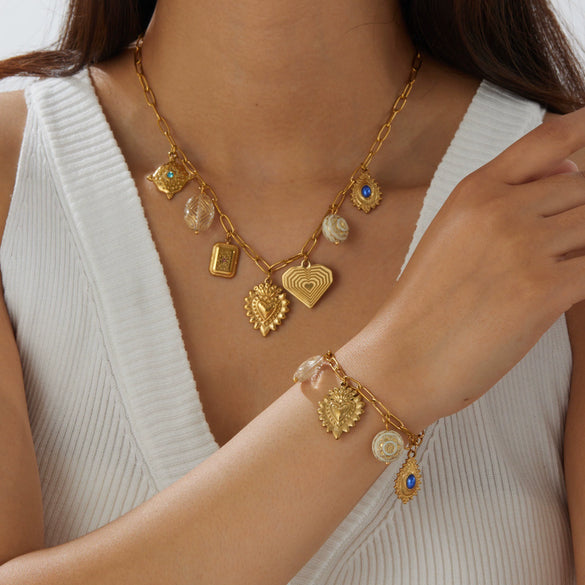 Wholesale Women's Retro Stainless Steel Heart Water Drop Bell Pattern Electroplated Necklace And Bracelet Set