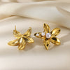 Wholesale Women's Retro Stainless Steel Imitation Pearl Heart Flower Bow Geometric Earrings With Electroplating