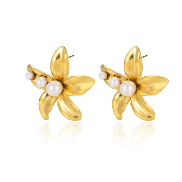 Wholesale Women's Retro Stainless Steel Imitation Pearl Heart Flower Bow Geometric Earrings With Electroplating