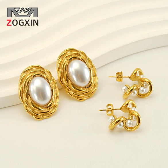 Wholesale Women's Retro 316L Stainless Steel 18K Gold Plated Geometric Woven Pearl Irregular Earrings
