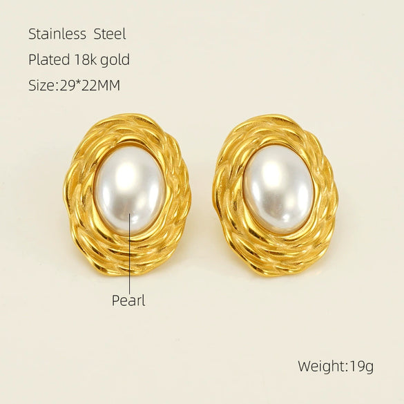 Wholesale Women's Retro 316L Stainless Steel 18K Gold Plated Geometric Woven Pearl Irregular Earrings