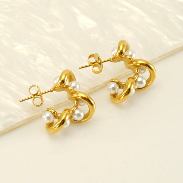 Wholesale Women's Retro 316L Stainless Steel 18K Gold Plated Geometric Woven Pearl Irregular Earrings