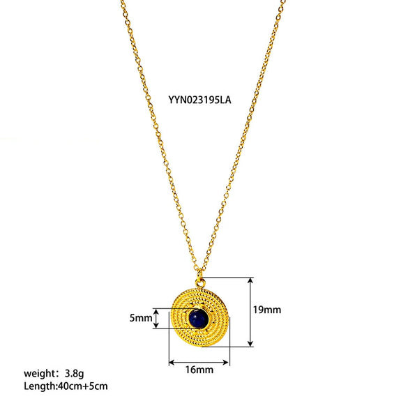 Wholesale Women's Retro Stainless Steel Necklace With Turquoise Inlay Embossed Round Pendant And O Chain Vacuum Real Gold Electroplated In Pvd Furnace