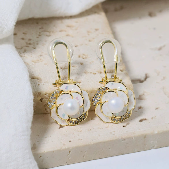 Wholesale Women's Retro Style Natural Freshwater Pearl S925 Silver Flower Zircon Nearly Round Earrings