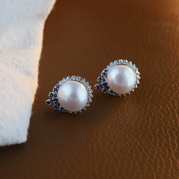 Wholesale Women's Retro Style Natural Freshwater Pearl S925 Silver Flower Zircon Nearly Round Earrings
