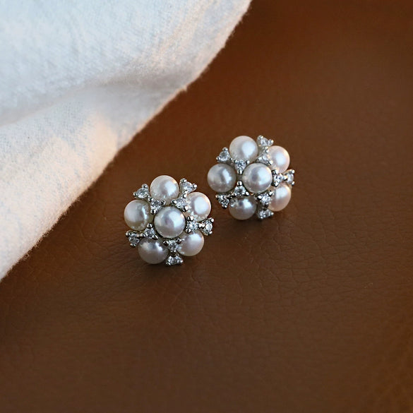 Wholesale Women's Retro Style Natural Freshwater Pearl S925 Silver Flower Zircon Nearly Round Earrings