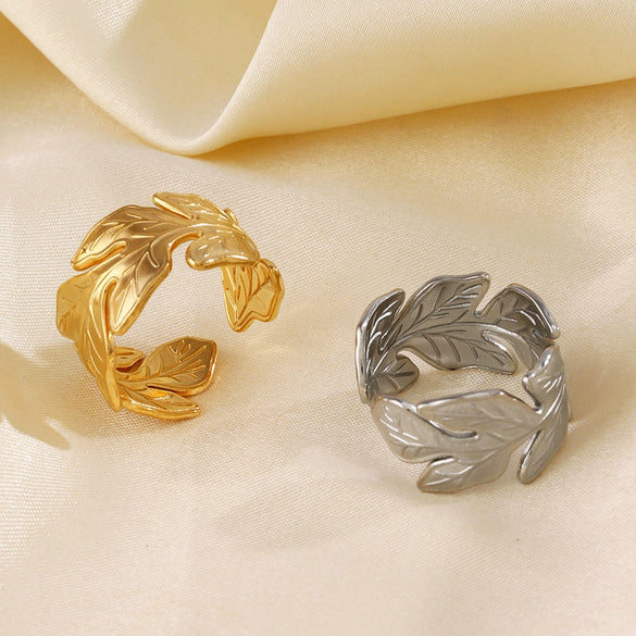 Wholesale Women's Retro Style Stainless Steel Flower Leaf Opening Adjustable Electroplated Ring Jewelry