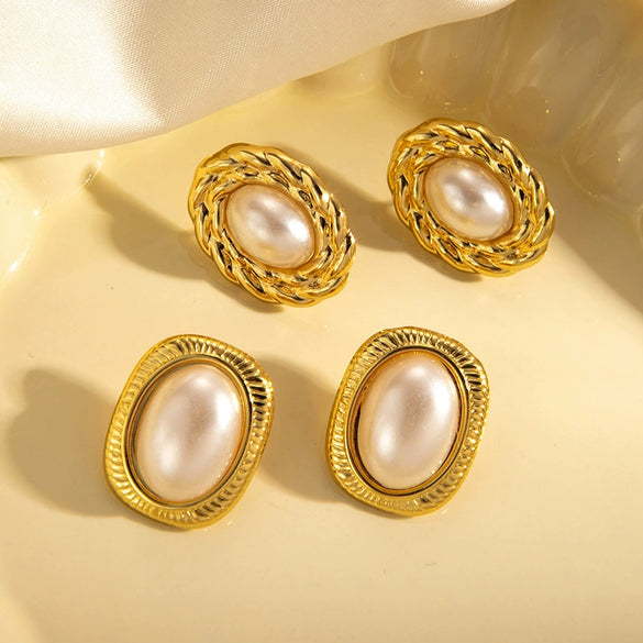 Wholesale Women's Retro Temperament Titanium Steel Pearl Geometric Earrings With Electroplating