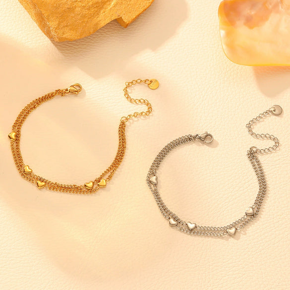 Wholesale Women's Retro Titanium Steel And Stainless Steel Multiple Peach Heart Doublelayer Anklet With Heart Pendant Foot Jewelry