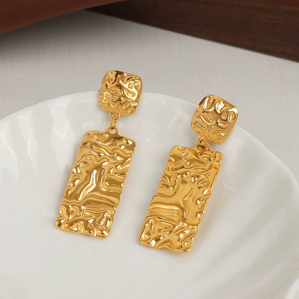 Wholesale Women's Retro 316L Stainless Steel Goldplated Geometric Long Square Pleated Earrings