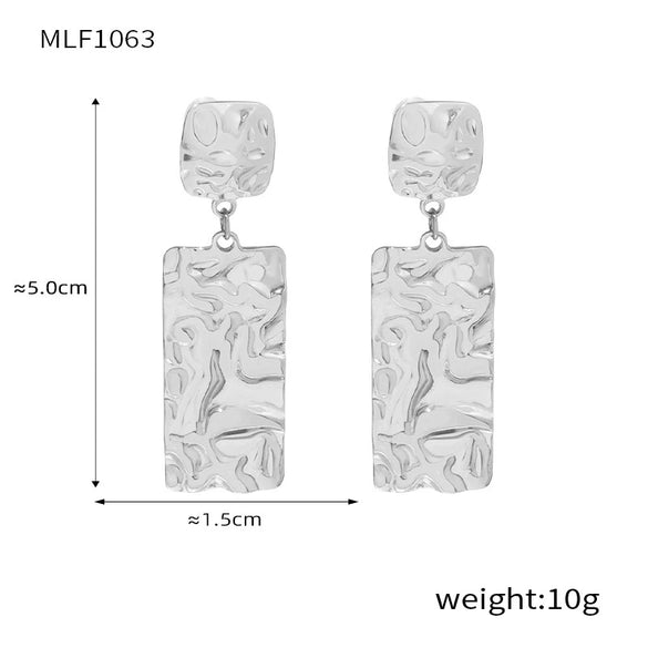 Wholesale Women's Retro 316L Stainless Steel Goldplated Geometric Long Square Pleated Earrings