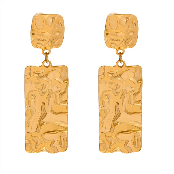Wholesale Women's Retro 316L Stainless Steel Goldplated Geometric Long Square Pleated Earrings