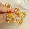 Wholesale Women's Retro 316L Stainless Steel Inlaid Imitation Pearl Rhinestone Cross Leaf Ring Jewelry With Electroplating