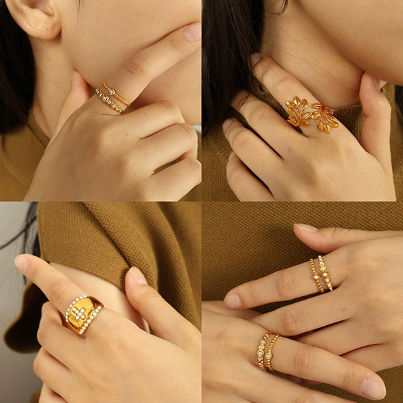 Wholesale Women's Retro 316L Stainless Steel Inlaid Imitation Pearl Rhinestone Cross Leaf Ring Jewelry With Electroplating
