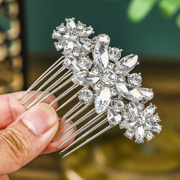 Wholesale Women's Rhinestone Alloy Wedding Hair Comb With Flower Pattern And Alloy Casting Electroplating Process