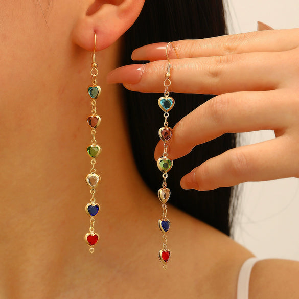 Wholesale Women's Rhinestone Copper Heart Shaped Geometric Tassel Earrings With Electroplating