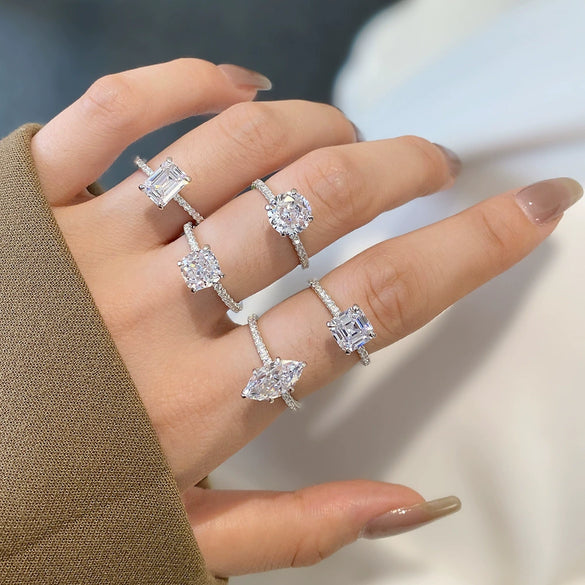 Wholesale Women's Ring S925 Sterling Silver Geometric Design Electroplated With Ice Flower High Carbon Diamond Zircon