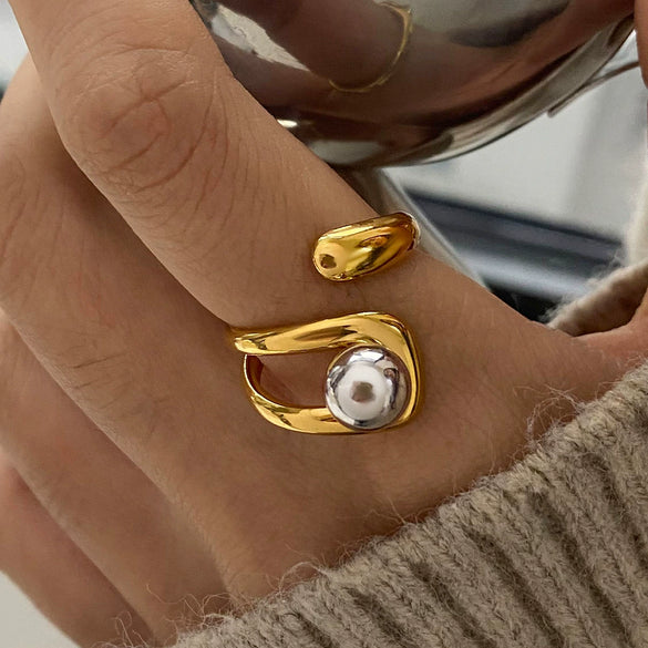 Wholesale Women's Ring Stainless Steel Geometric French Retro Style With Gold And Silver Color Matching Beads And Asymmetric Adjustable Opening Cross Electroplated