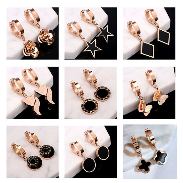 Wholesale Women's Rose Gold Titanium Steel Earrings With S925 Silver Needle Color Preservation Electroplating Rhombus Dripping Glue Design