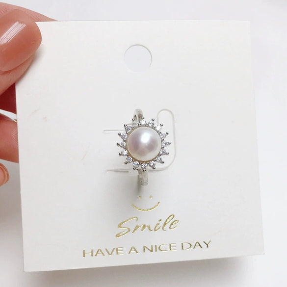 Wholesale Women's Round Freshwater Pearl And Zircon Ring Copper Gold Plated With Sunflower Design