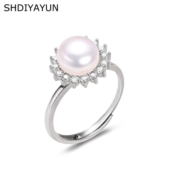 Wholesale Women's Round Freshwater Pearl And Zircon Ring Copper Gold Plated With Sunflower Design