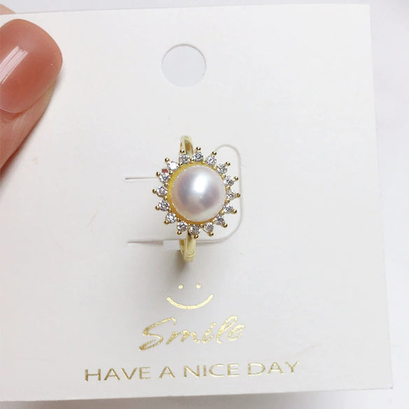 Wholesale Women's Round Freshwater Pearl And Zircon Ring Copper Gold Plated With Sunflower Design